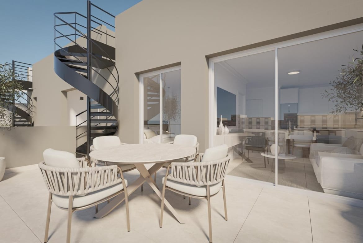 A terrace with spiral stairs and sliding doors in Torrevieja, Alicante