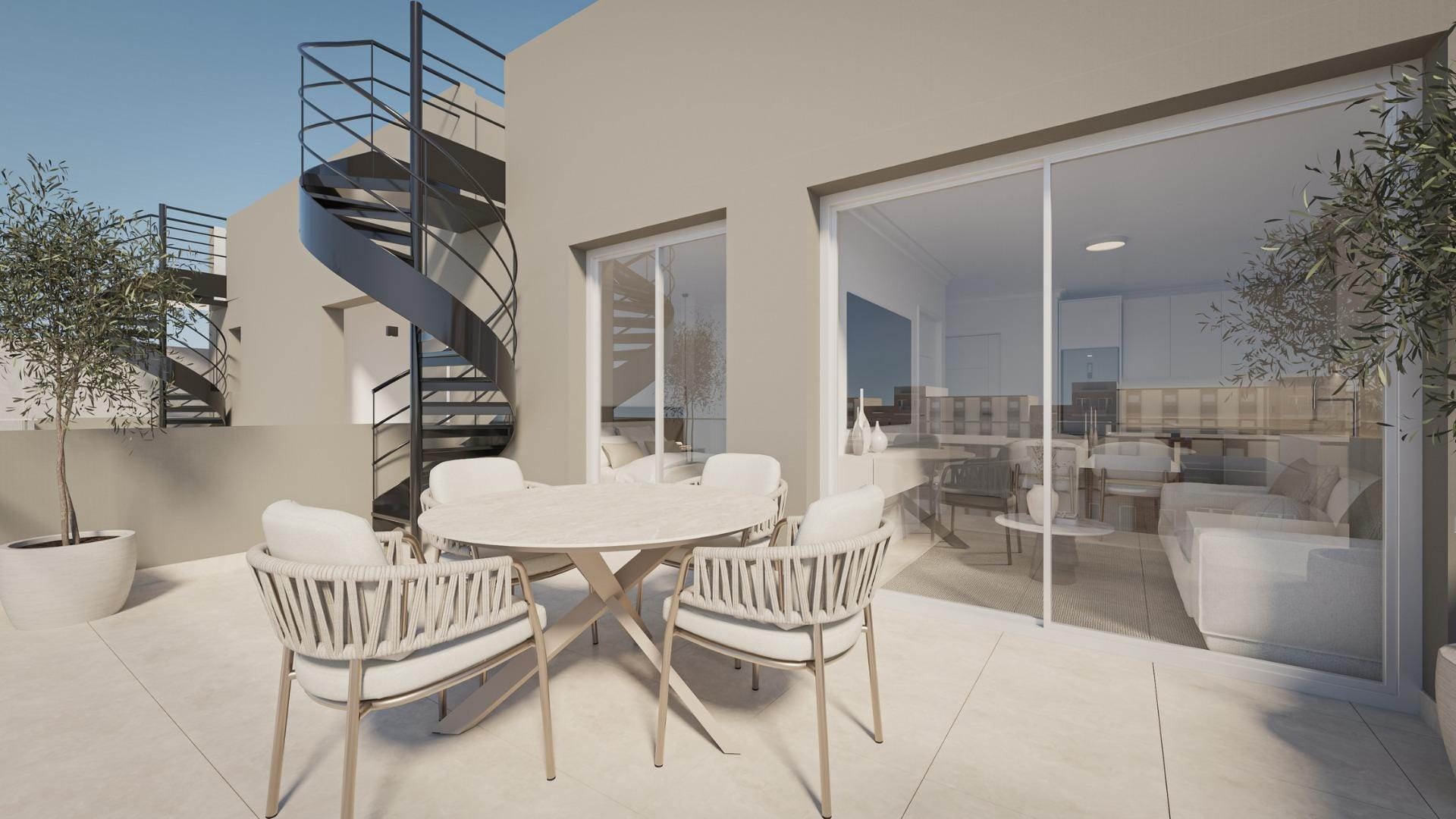 A terrace with spiral stairs and sliding doors in Torrevieja, Alicante