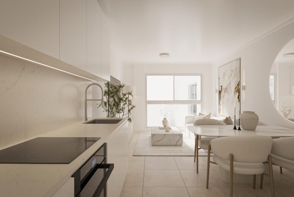 Open-plan studio living area and kitchen in Torrevieja, Alicante