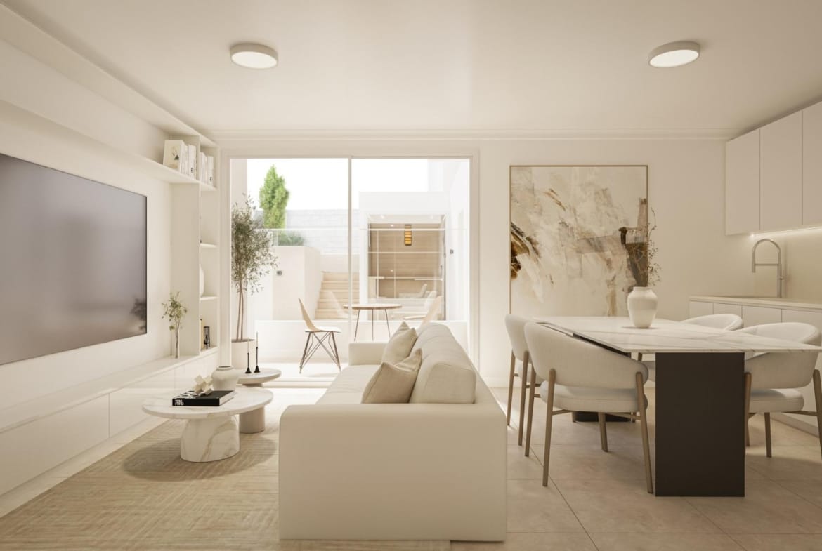 Open-plan studio living area and kitchen in Torrevieja, Alicante