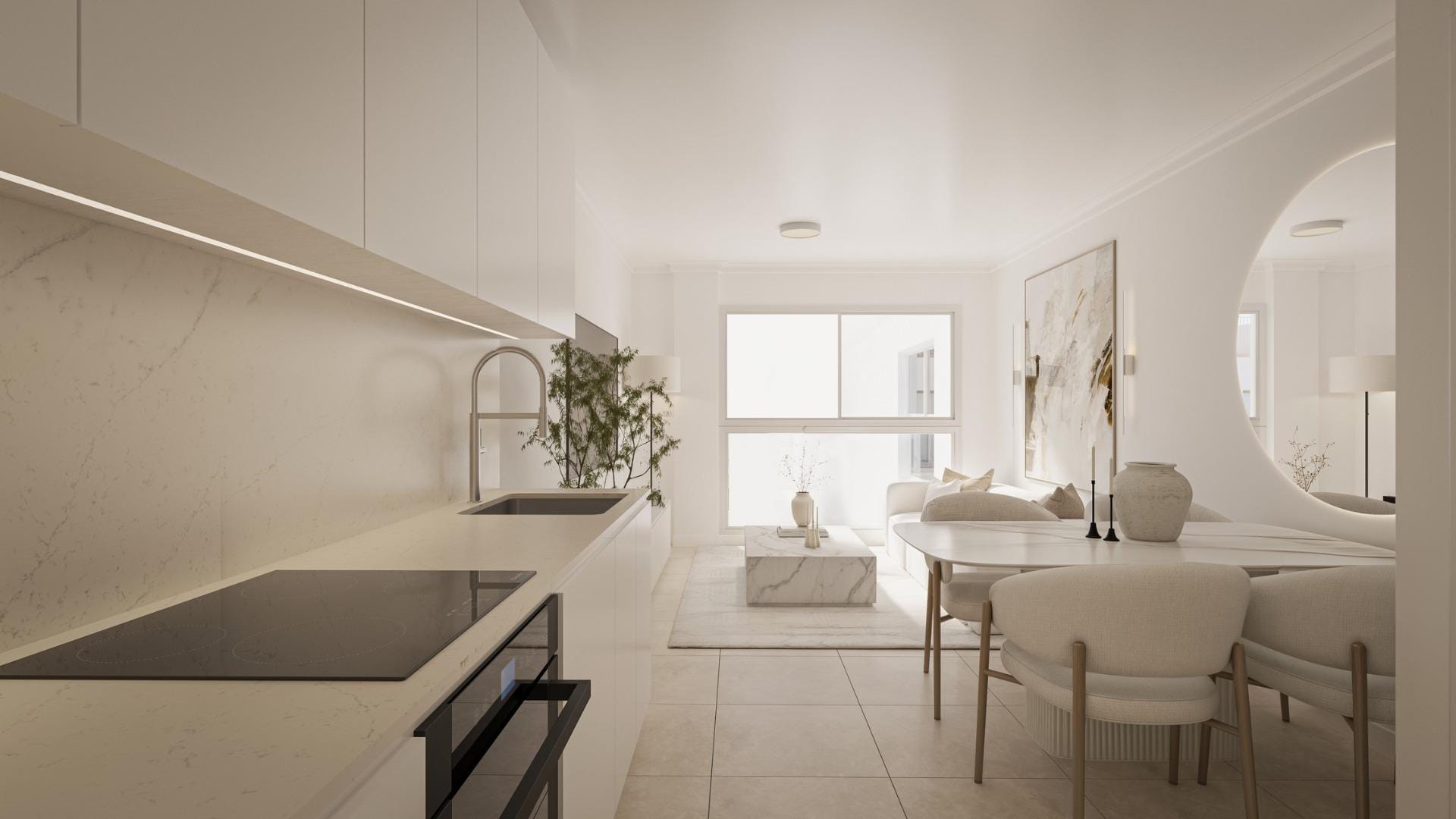 Open-plan studio living area and kitchen in Torrevieja, Alicante