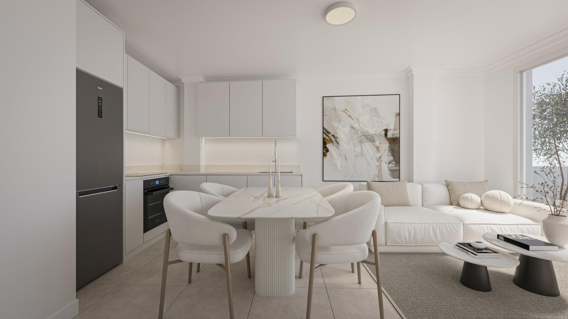 An open-plan living, dining and kitchen area beside a terrace in Torrevieja, Alicante