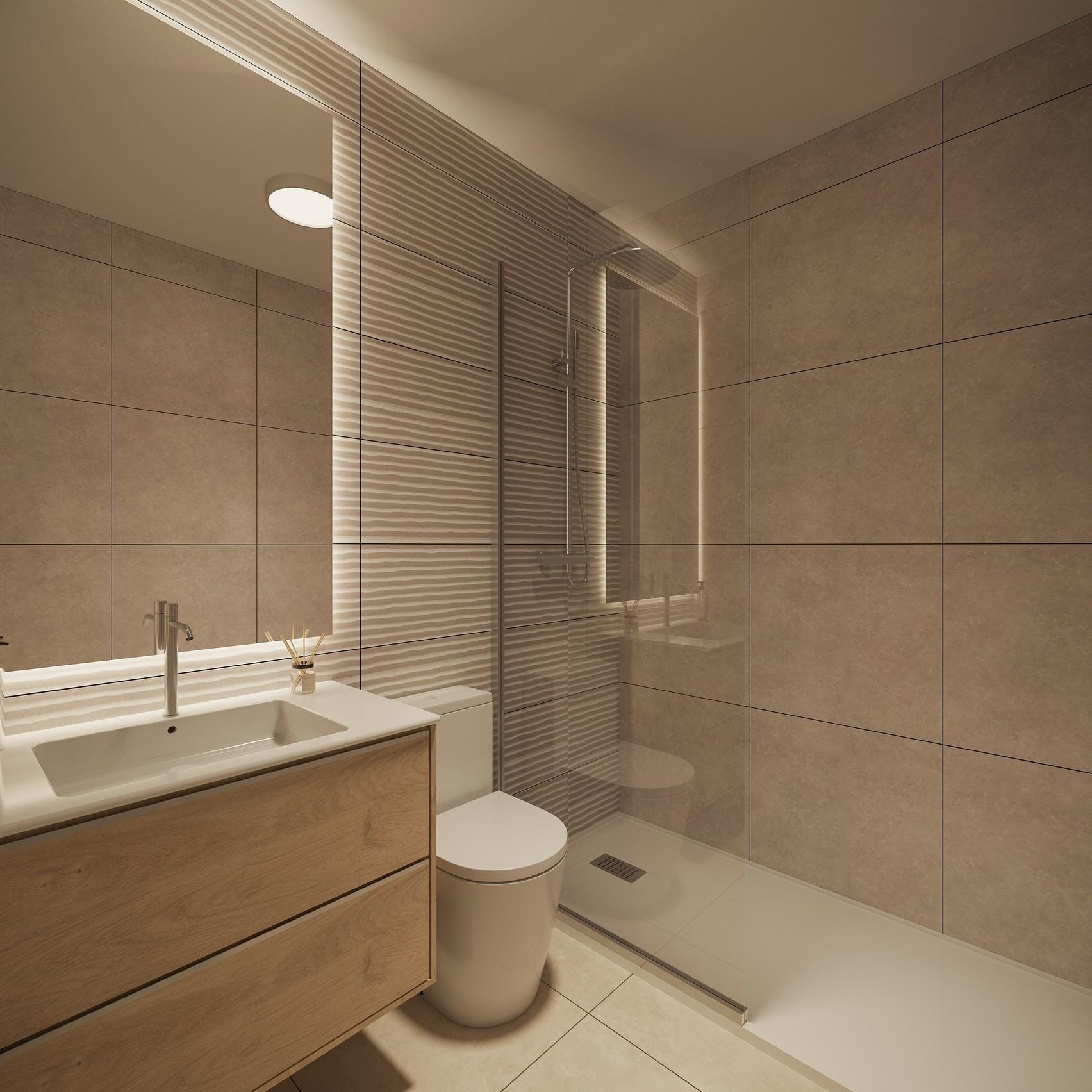 New-Build-Studios-and-Apartments-in-Central-Torrevieja-Near-the-Beach-9 Modern bathroom with walk-in shower in Torrevieja, Alicante
