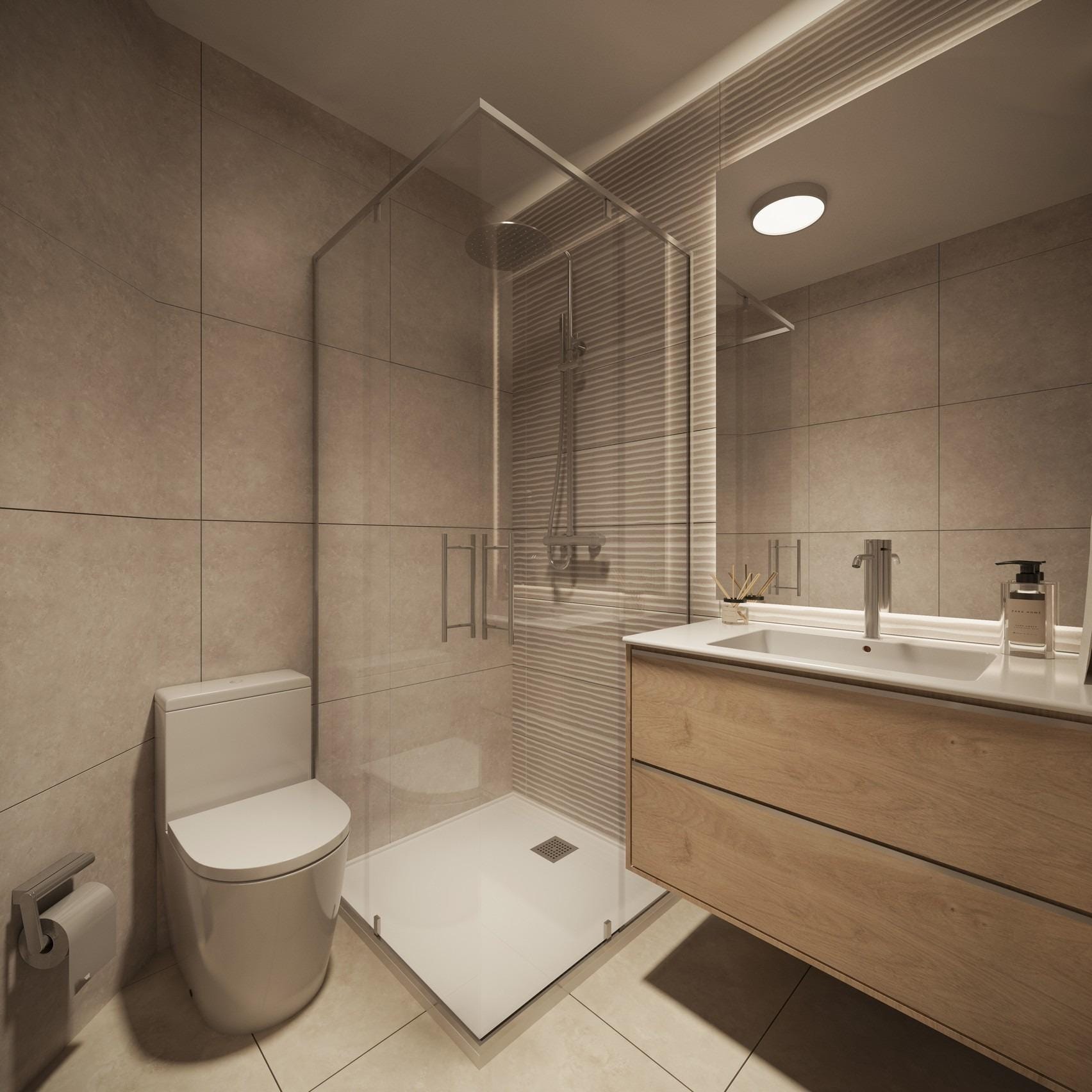 New-Build-Studios-and-Apartments-in-Central-Torrevieja-Near-the-Beach-9 Modern bathroom with walk-in shower in Torrevieja, Alicante