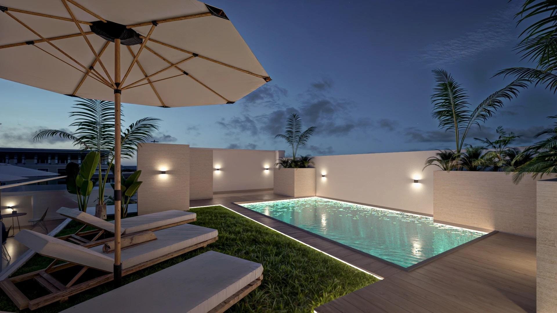 Rooftop swimming pool at dusk in Torrevieja, Alicante