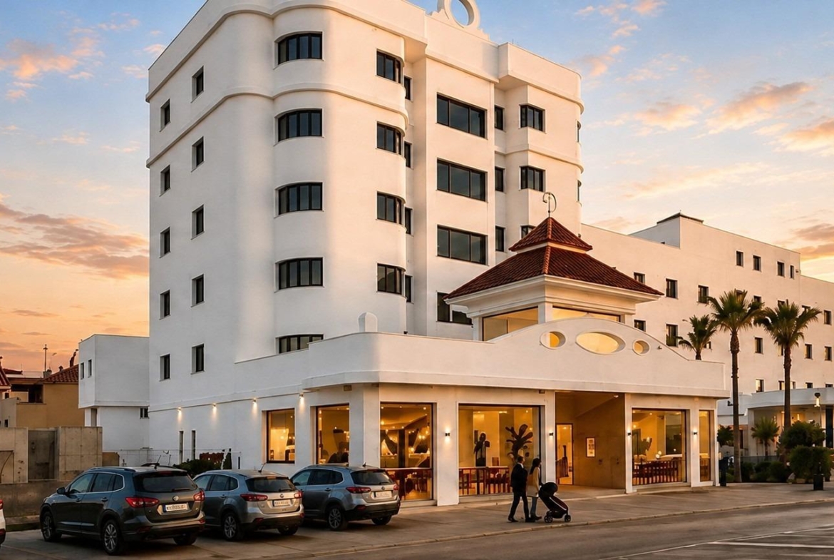 White multi-storey coastal building viewed from the street at warm sunset light