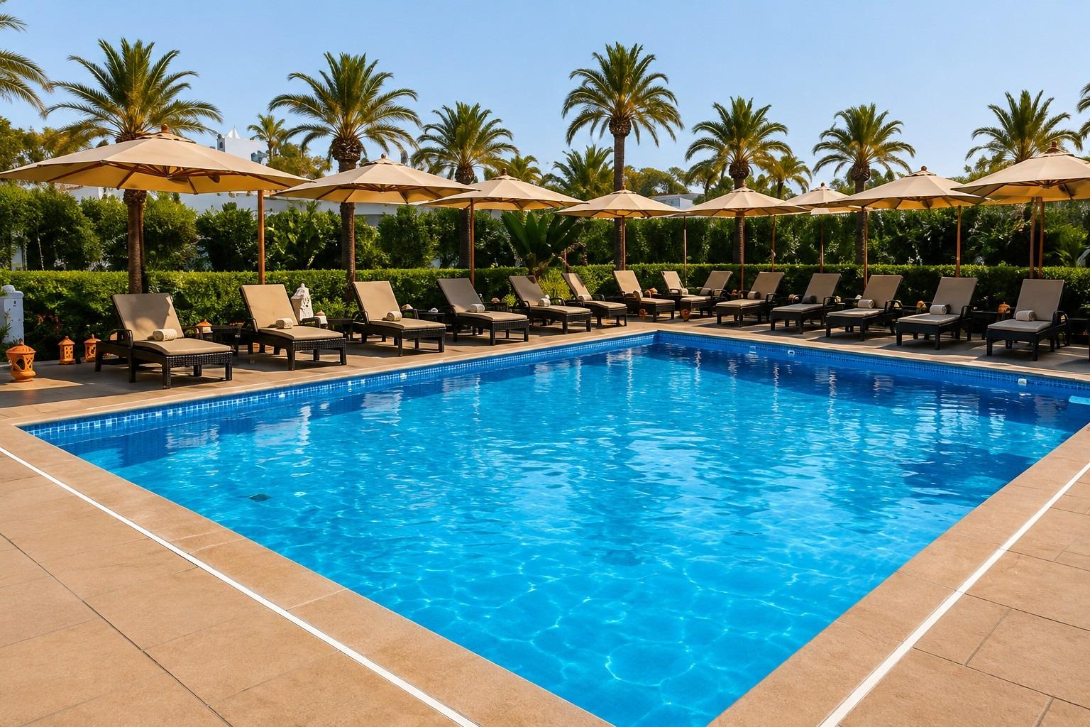 Rectangular outdoor swimming pool with lined loungers and umbrellas beneath palm trees