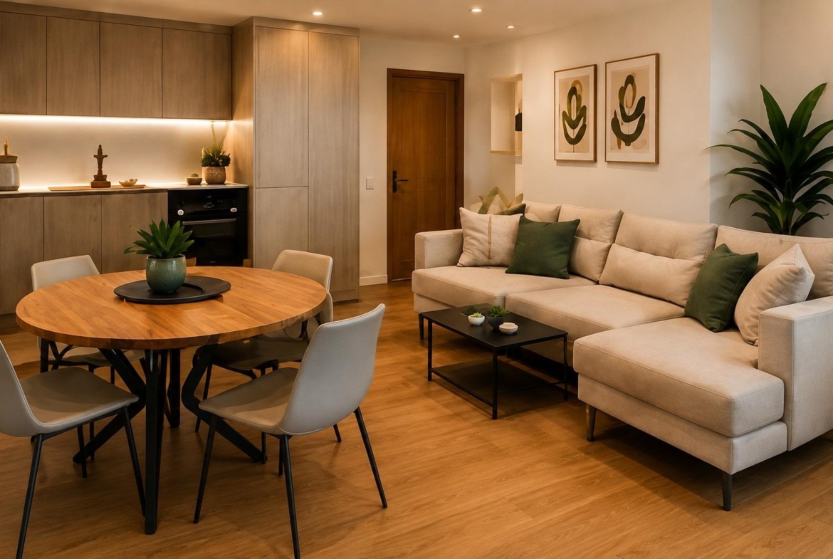 Open-plan living and dining space with round wooden table, beige sofa and kitchen cabinets