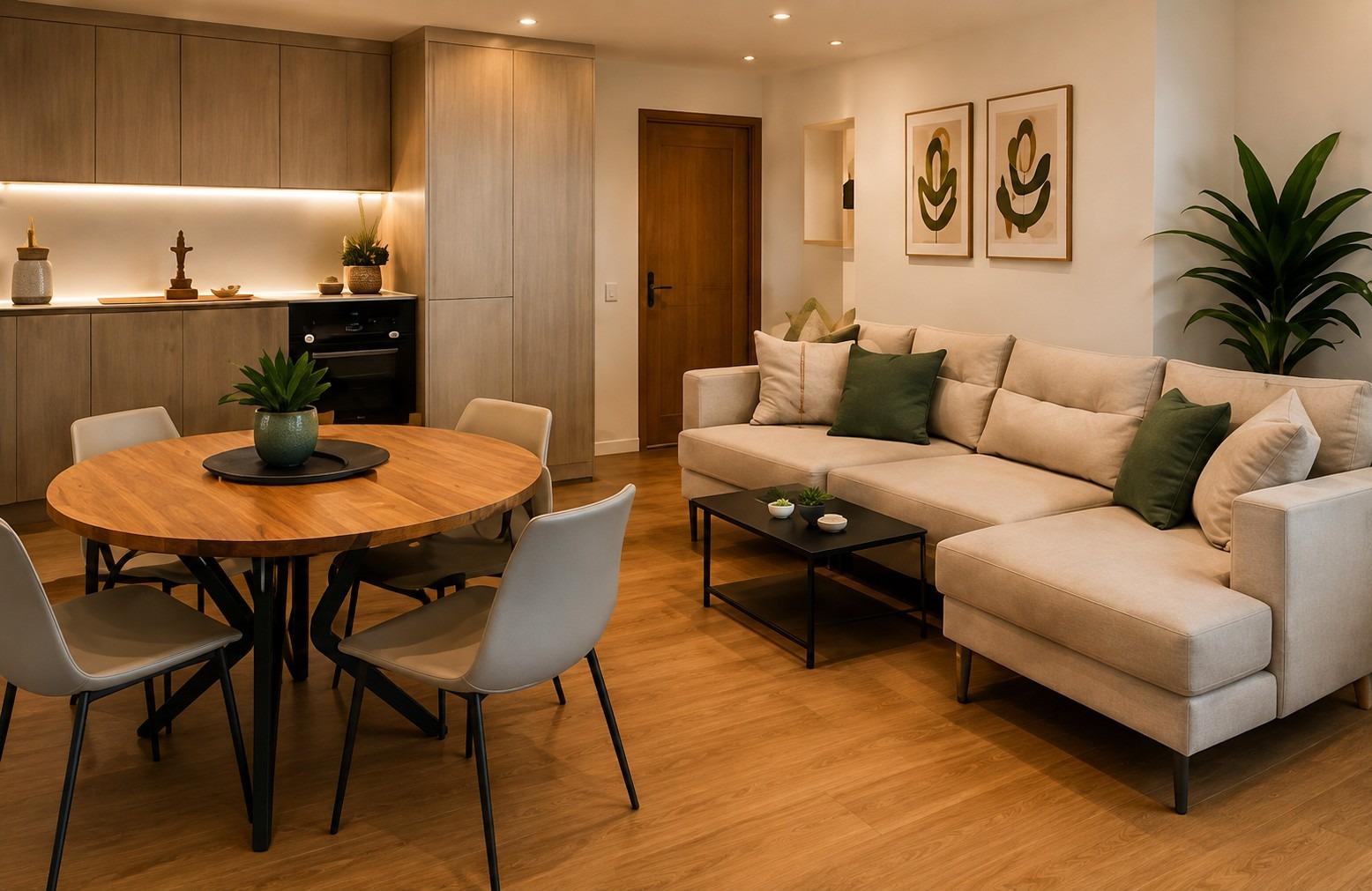 Open-plan living and dining space with round wooden table, beige sofa and kitchen cabinets