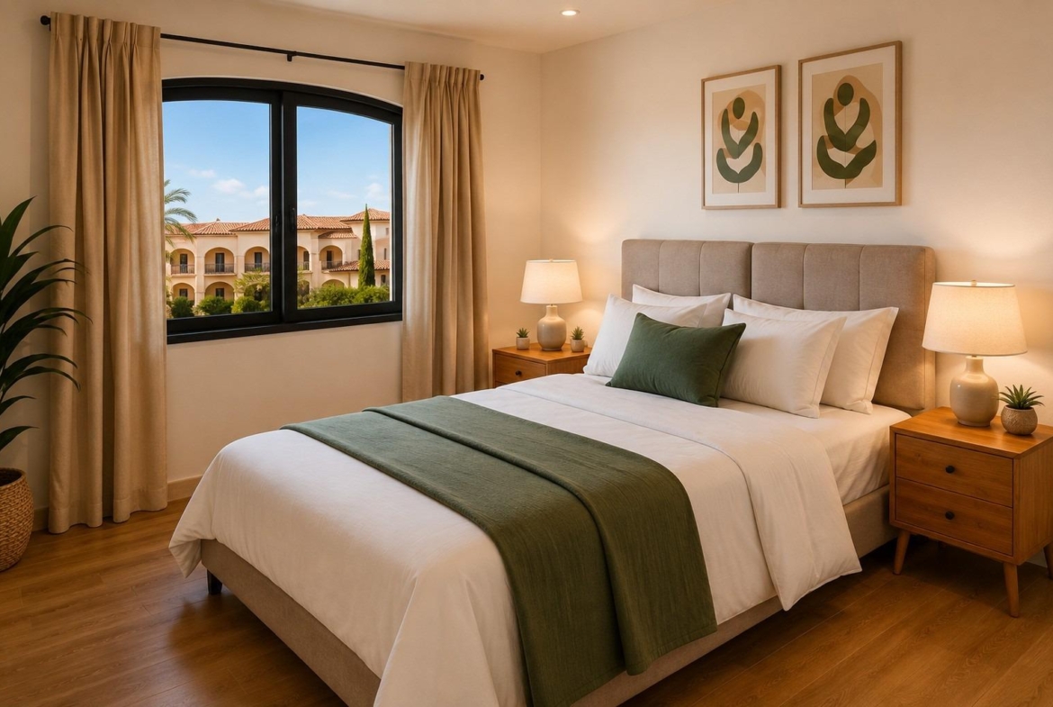 Bedroom featuring a double bed, bedside tables with lamps and an arched window view