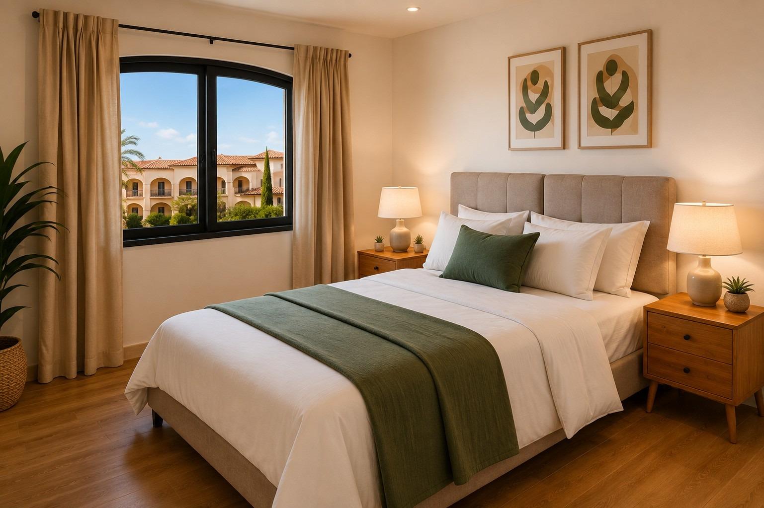 Double bedroom with upholstered headboard, bedside lamps and green-accent cushions