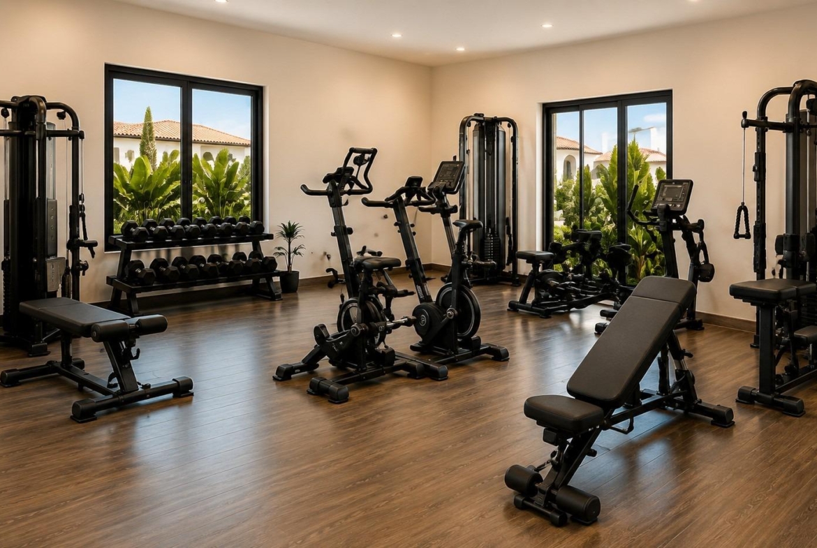 Gym room with exercise bikes, weight bench and free weights neatly arranged