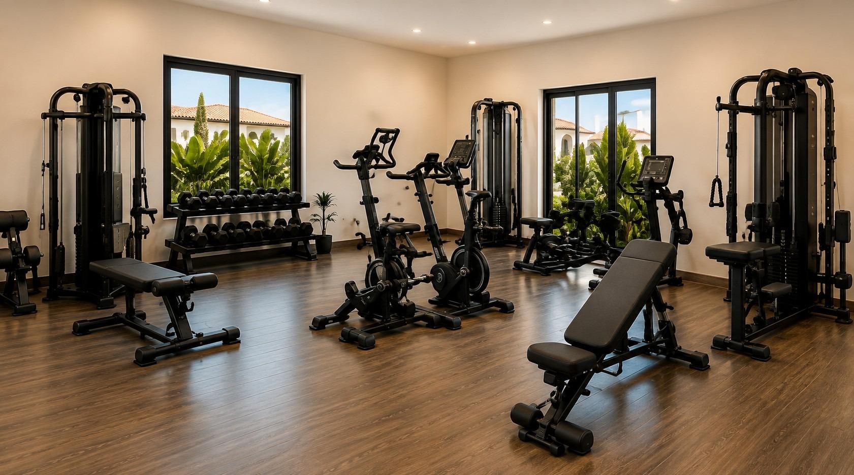 Gym room with exercise bikes, weight racks and multi-station training equipment