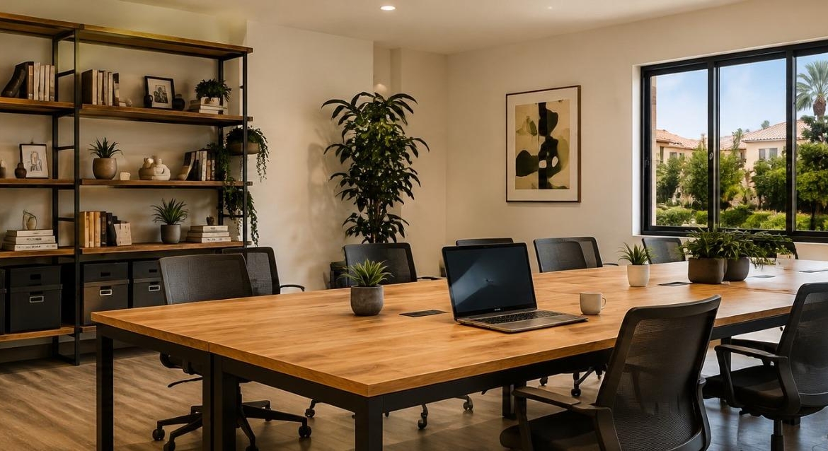 Long communal table with office chairs and shelving beside large garden-facing windows