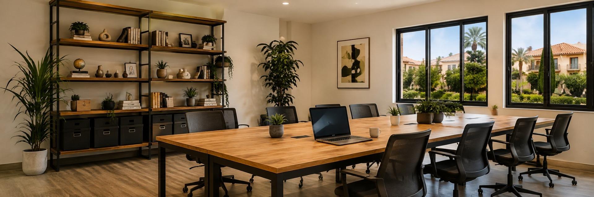 Long communal table with office chairs and shelving beside large garden-facing windows