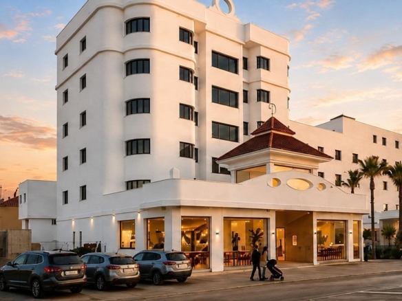 White multi-storey apartment building with ground-floor entrance and parked cars at dusk