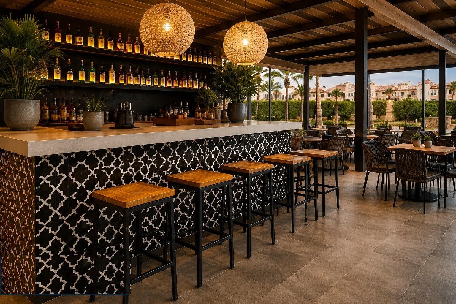 Indoor bar counter with patterned tiles, high stools and covered terrace seating beyond