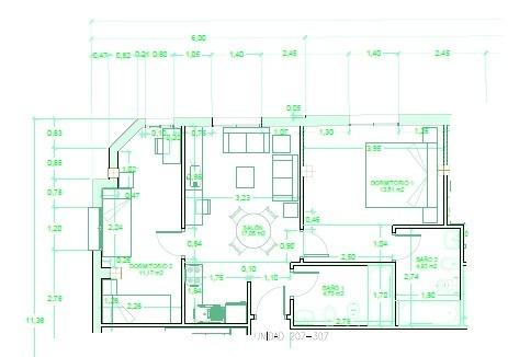 Technical apartment floor plan drawing showing rooms, walls and dimension annotations