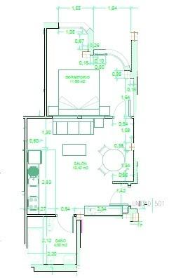 Technical floor plan showing one-bedroom apartment layout with living area, kitchen and bathroom