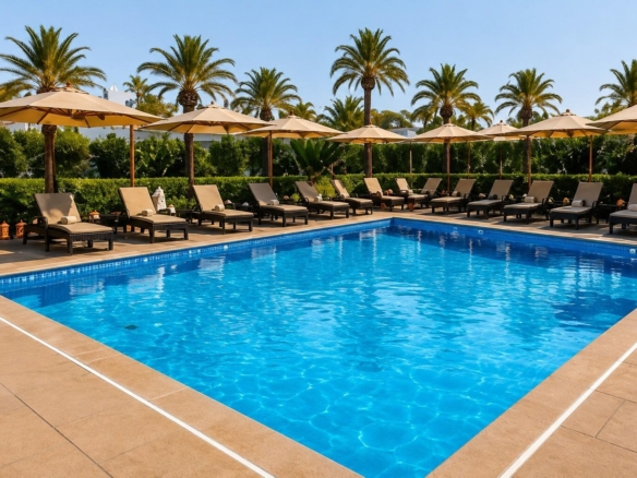 Rectangular outdoor pool with blue water, lined sunbeds and parasols under palm trees