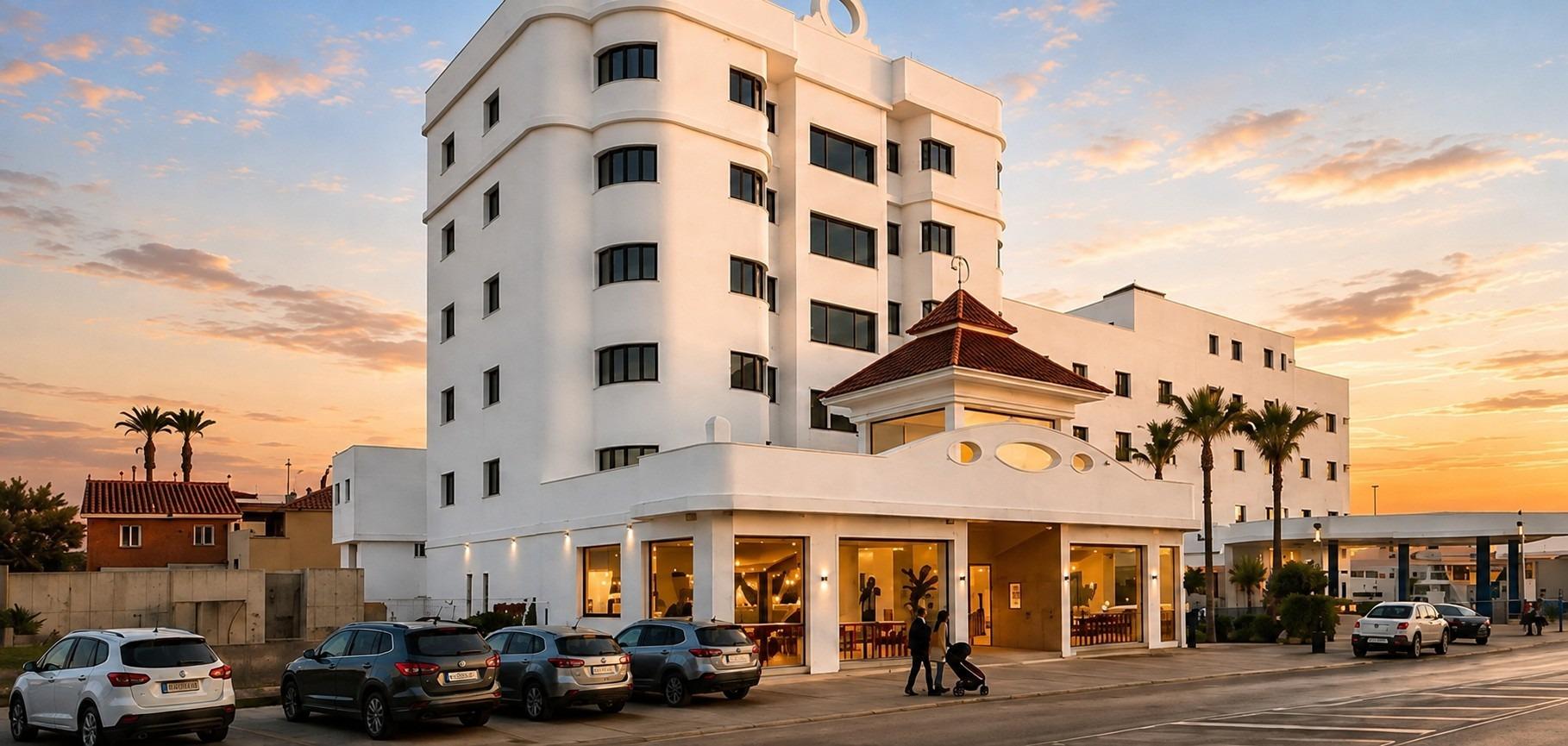 White multi-storey apartment building with ground-floor entrance and parked cars at dusk