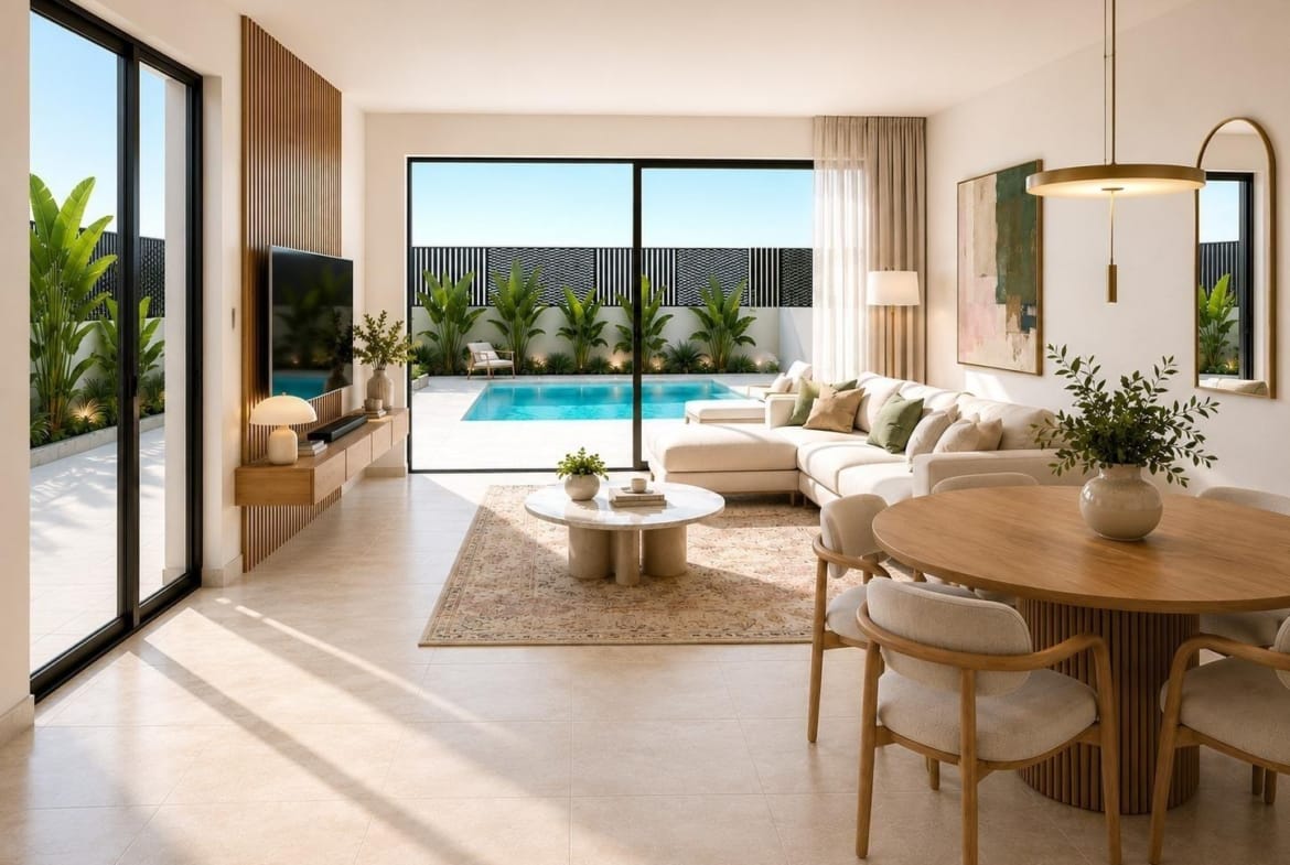 Rendering of an open living and dining area with sliding doors facing a private pool in Santa Rosalía Lake & Life Resort, Murcia