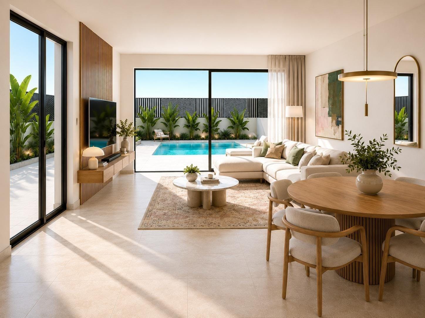Rendering of an open living and dining area with sliding doors facing a private pool in Santa Rosalía Lake & Life Resort, Murcia