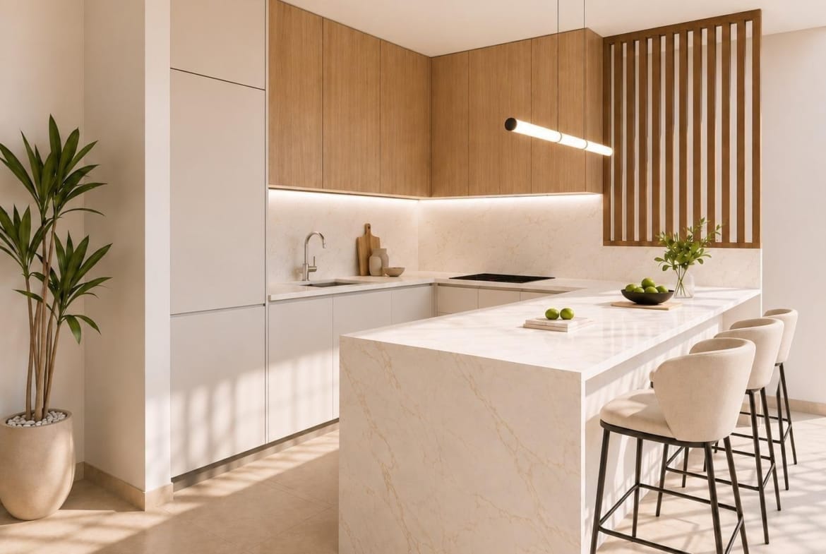 Kitchen rendering with wood cabinets, a pale island and upholstered breakfast stools in Santa Rosalía Lake & Life Resort, Murcia