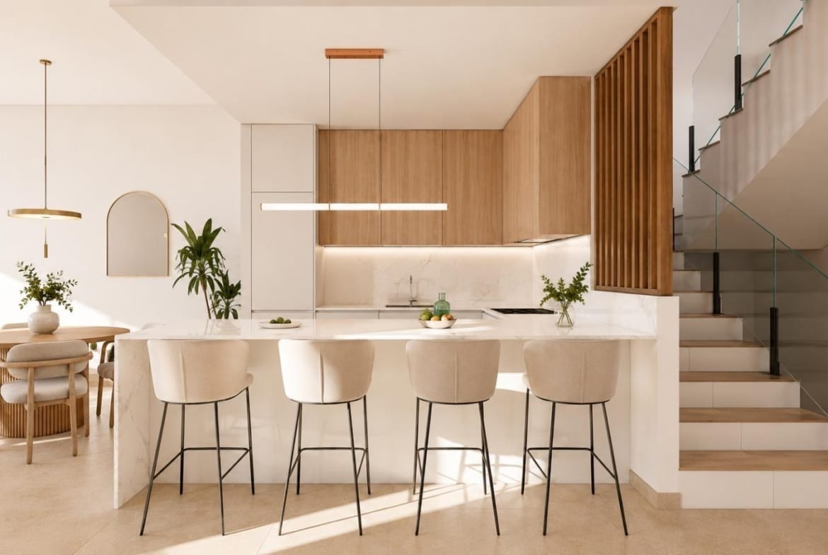 Rendering of an open kitchen beside an internal staircase with a glass balustrade in Santa Rosalía Lake & Life Resort, Murcia