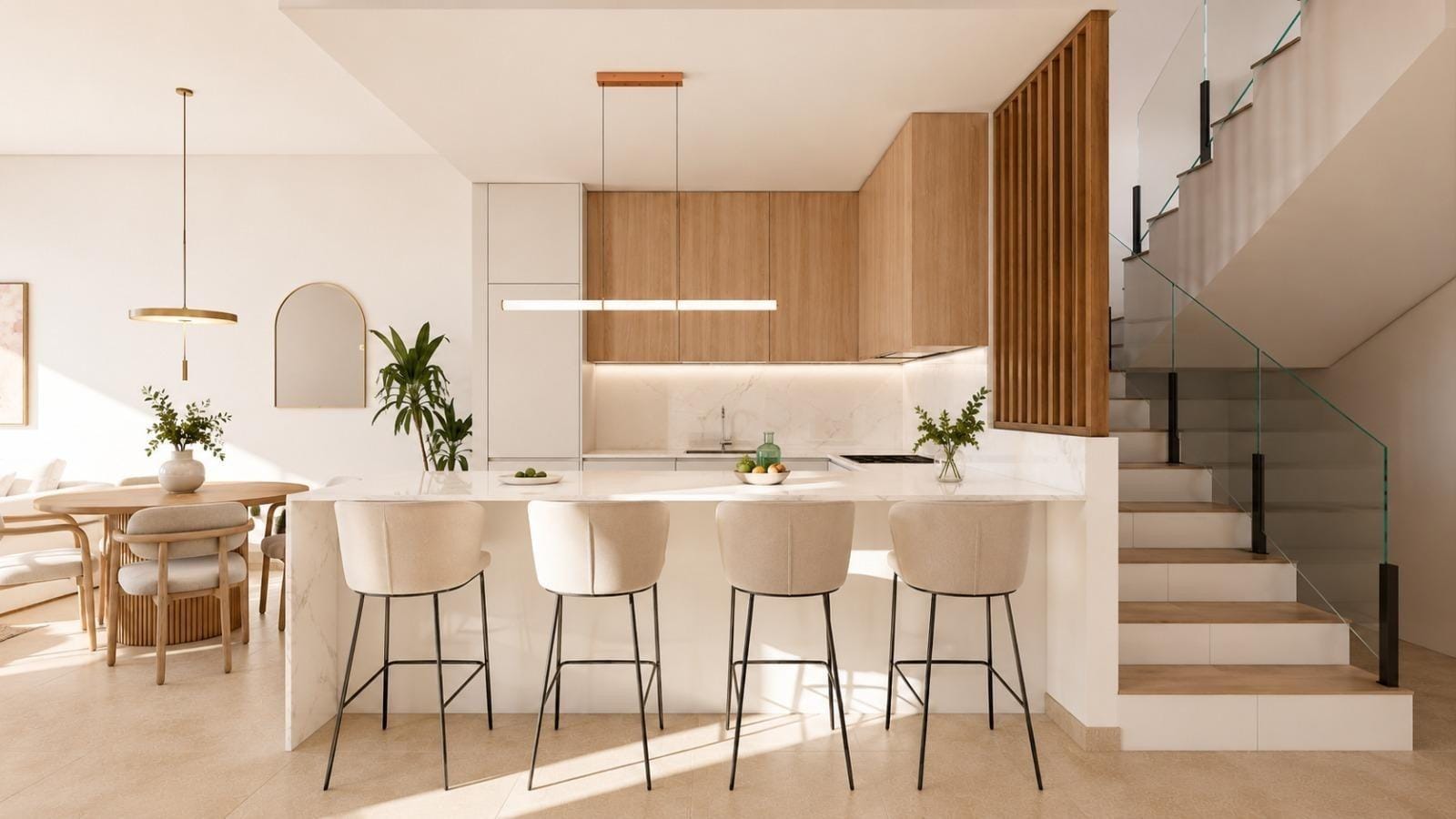 Rendering of an open kitchen beside an internal staircase with a glass balustrade in Santa Rosalía Lake & Life Resort, Murcia