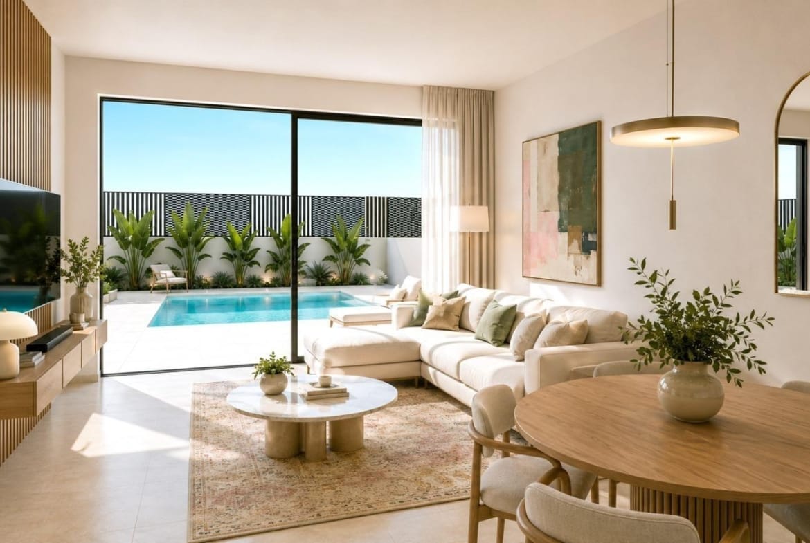 Living room rendering with a pale sofa, round dining table and wide doors opening towards a pool in Santa Rosalía Lake & Life Resort, Murcia