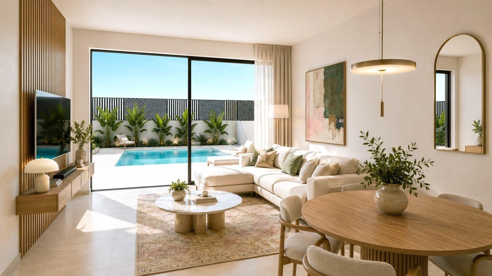 Living room rendering with a pale sofa, round dining table and wide doors opening towards a pool in Santa Rosalía Lake & Life Resort, Murcia