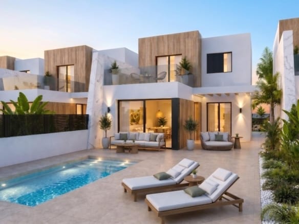 Rendering of a townhouse with a private pool, sun loungers and planted garden borders in Santa Rosalía Lake & Life Resort, Murcia