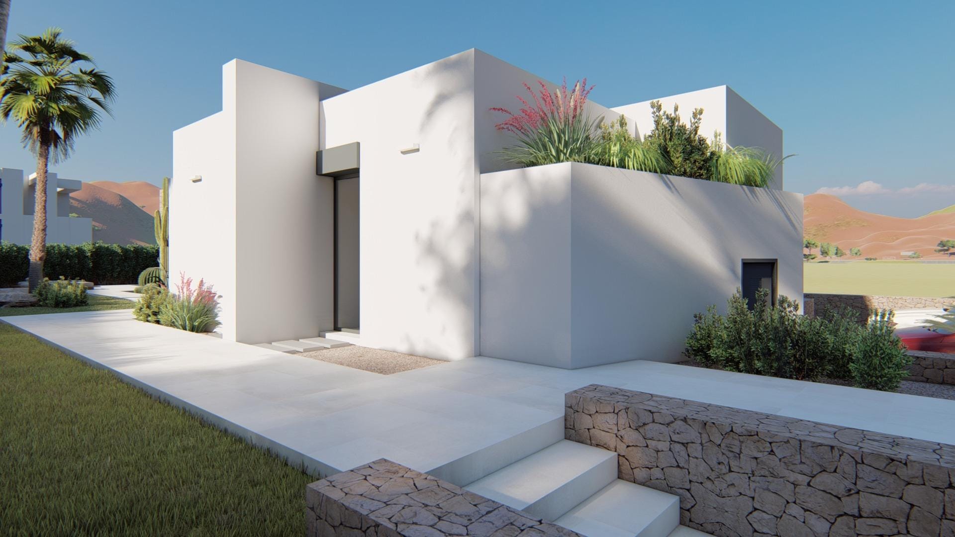 Contemporary villa entrance with clean white lines, planted terrace and stone retaining walls in La Manga Club, Murcia