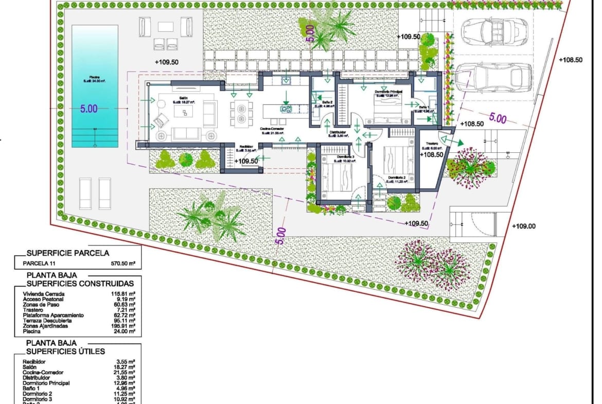 Ground-floor plan of a 3 bedroom villa with pool, terrace and parking in La Manga Club, Murcia
