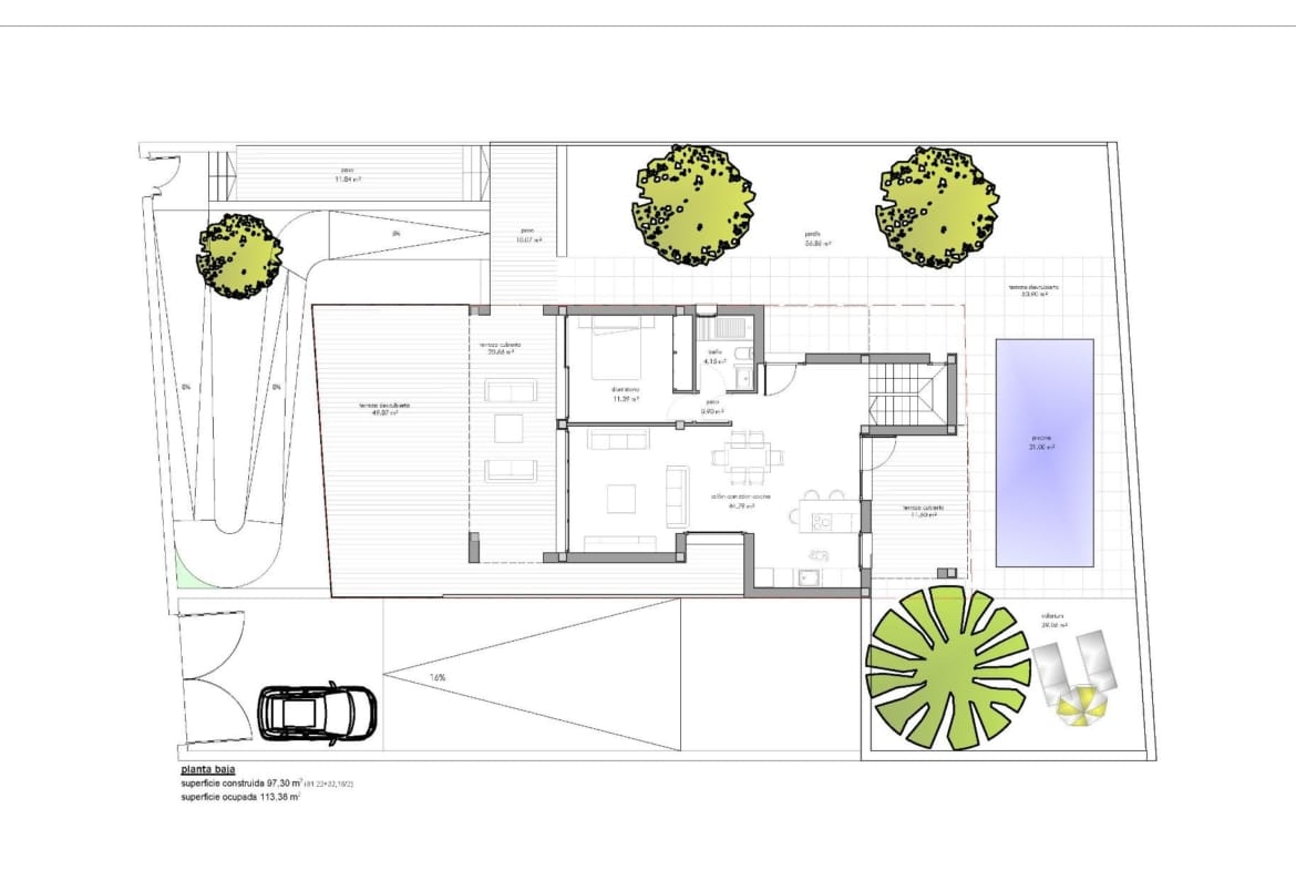 Ground floor plan with open-plan living space, terrace, garden and pool in La Manga Club, Murcia