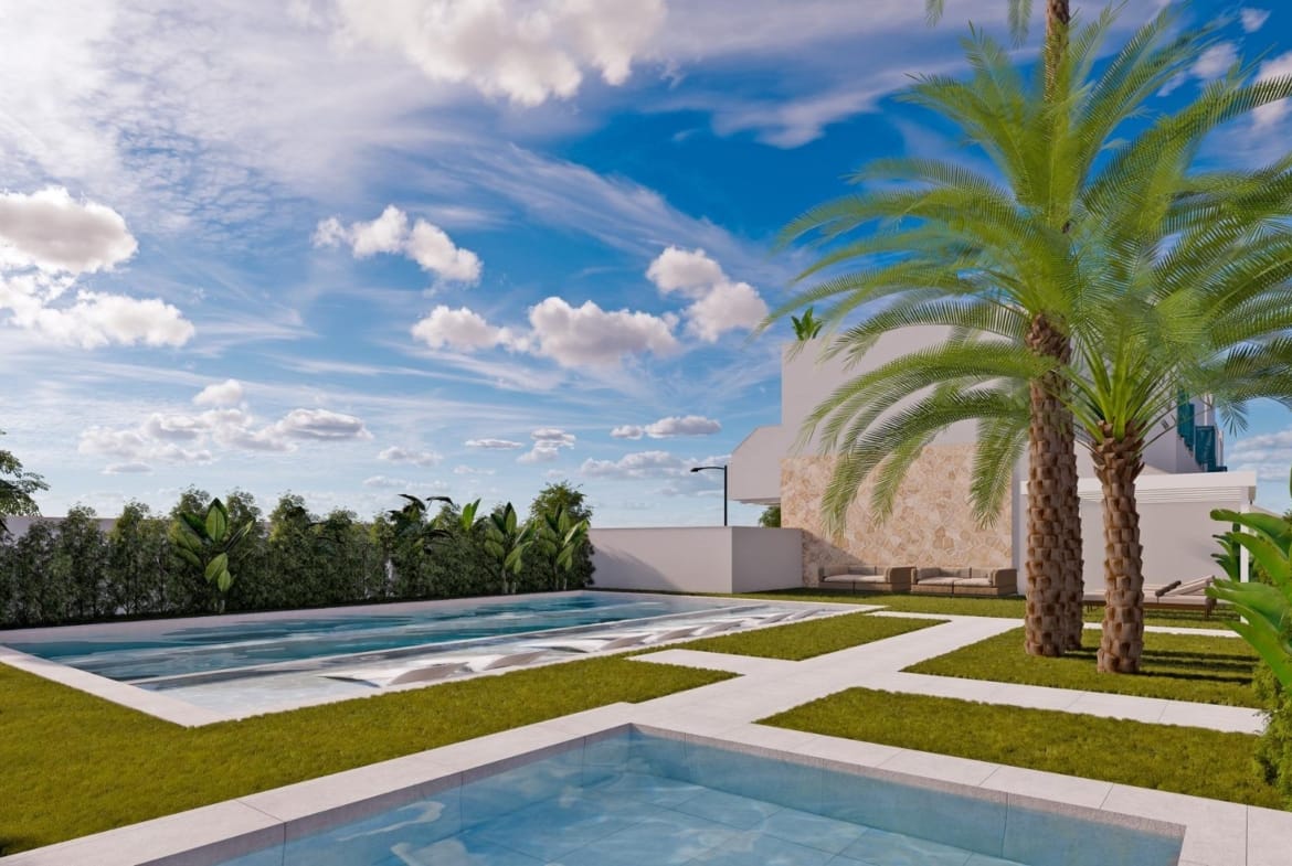 Pool and landscaped communal gardens with paved paths in Torre de la Horadada, Alicante