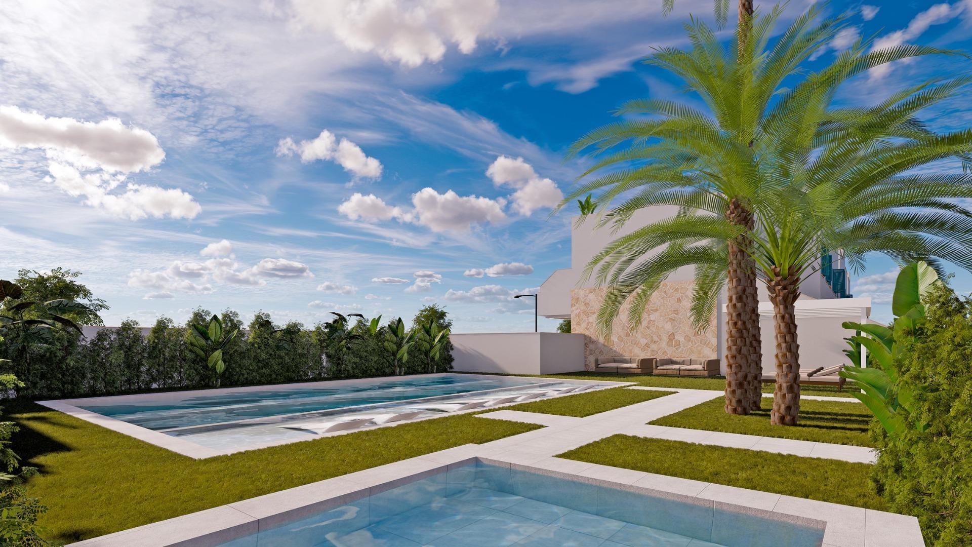 Pool and landscaped communal gardens with paved paths in Torre de la Horadada, Alicante