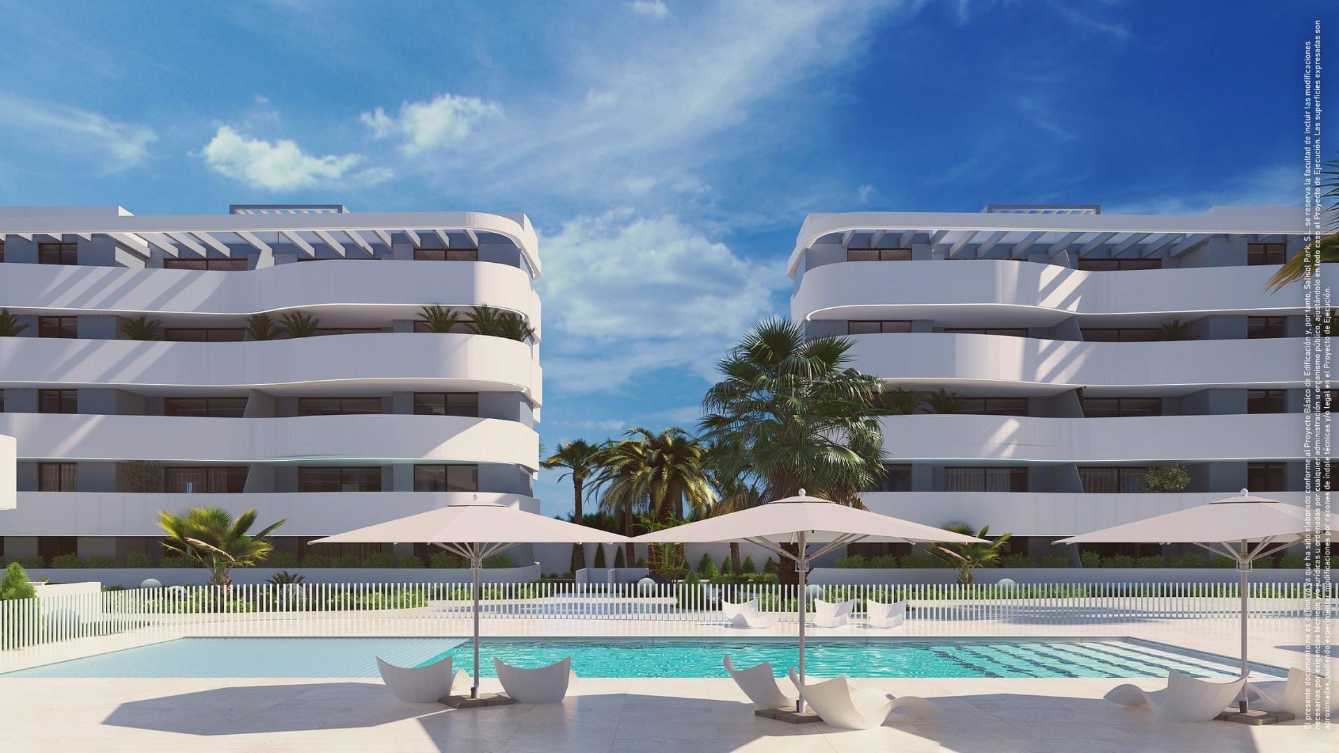 Rendering of a communal pool with sun loungers and curved apartment facades in El Raso, Guardamar del Segura, Alicante