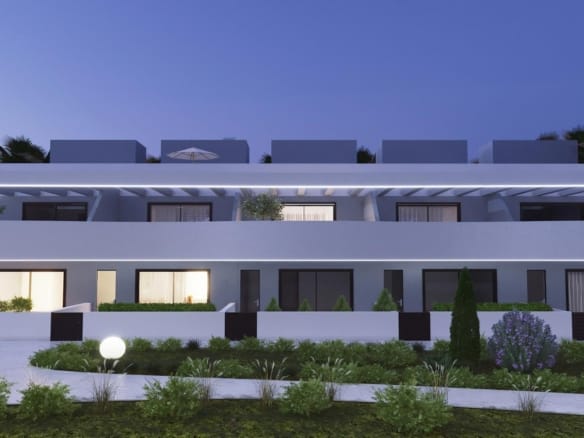 Evening rendering of townhouses with planted front gardens and rooftop terraces in El Raso, Guardamar del Segura, Alicante