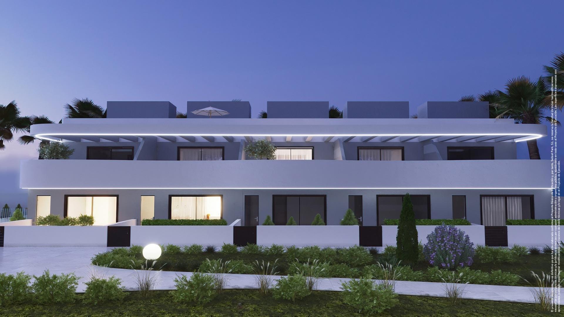 Evening rendering of townhouses with planted front gardens and rooftop terraces in El Raso, Guardamar del Segura, Alicante