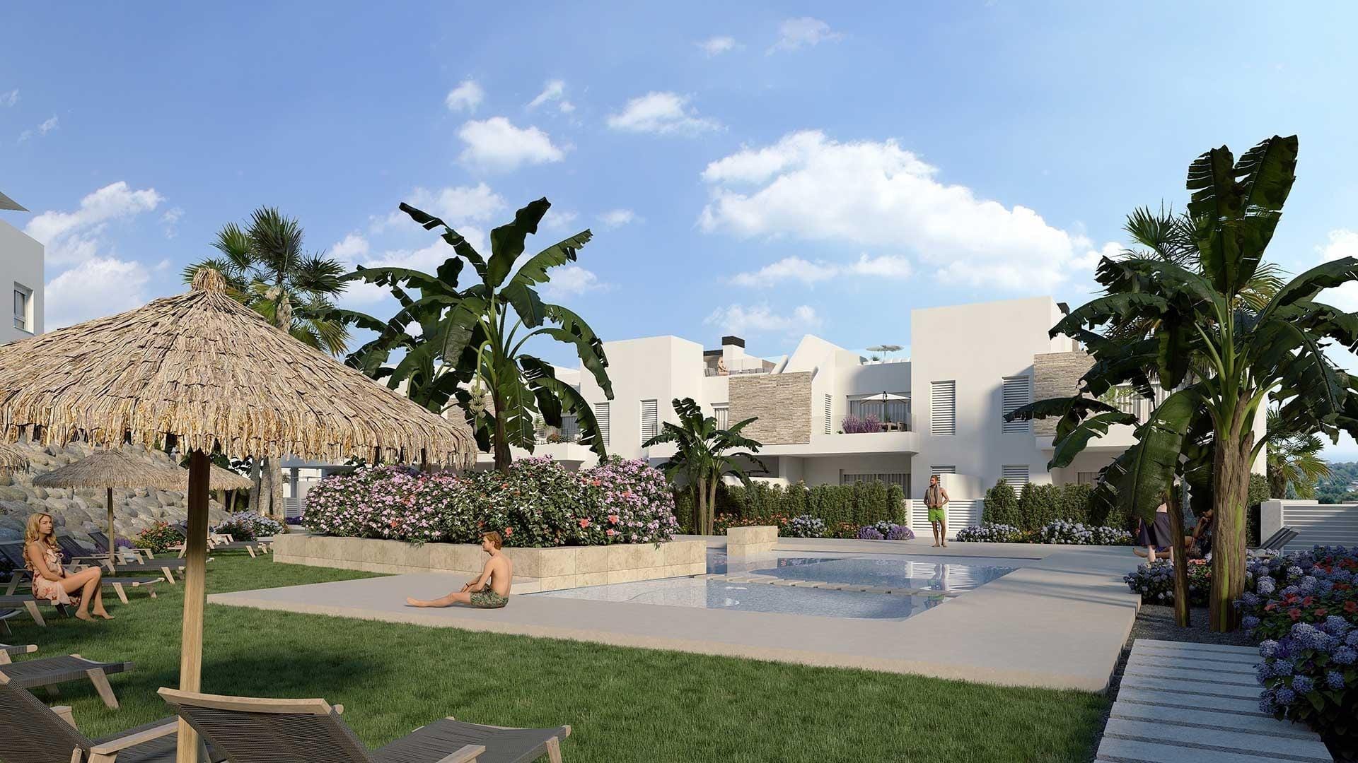 New Bungalows in La Finca Golf Communal pool and landscaped gardens render in La Finca Golf, Algorfa, Alicante