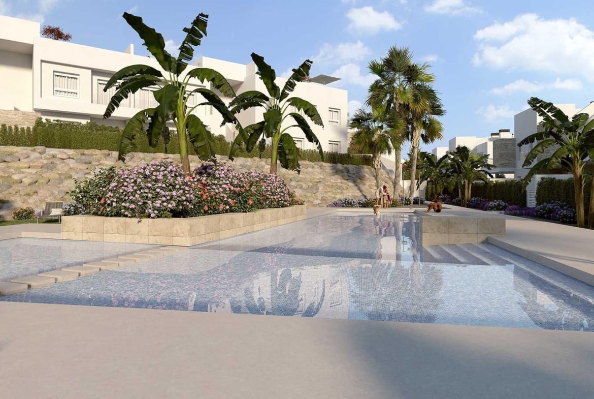 Communal pool surrounded by gardens and homes render in La Finca Golf, Algorfa, Alicante