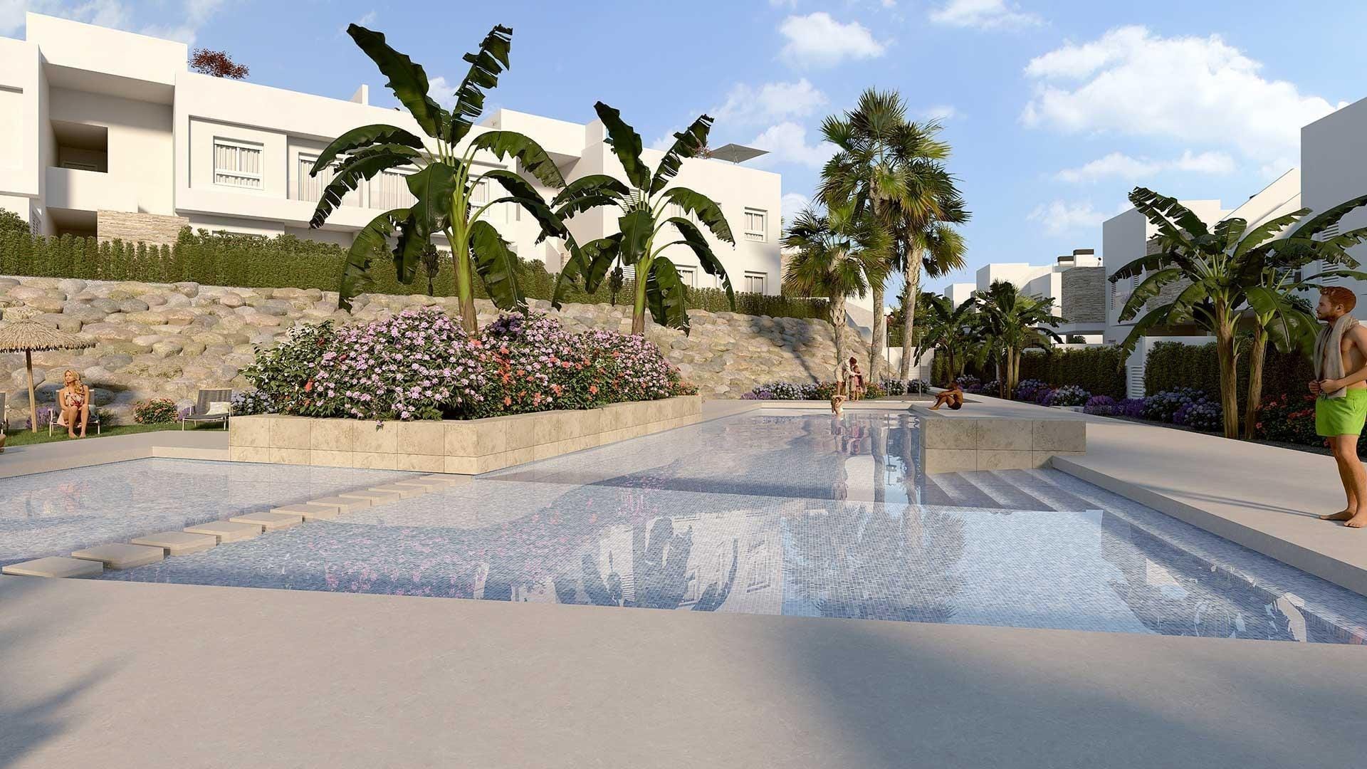 New-Bungalows-in-La-Finca-Golf-Algorfa-Luxury-and-Nature-at-the-Costa-Blanca-2 Communal pool surrounded by gardens and homes render in La Finca Golf, Algorfa, Alicante