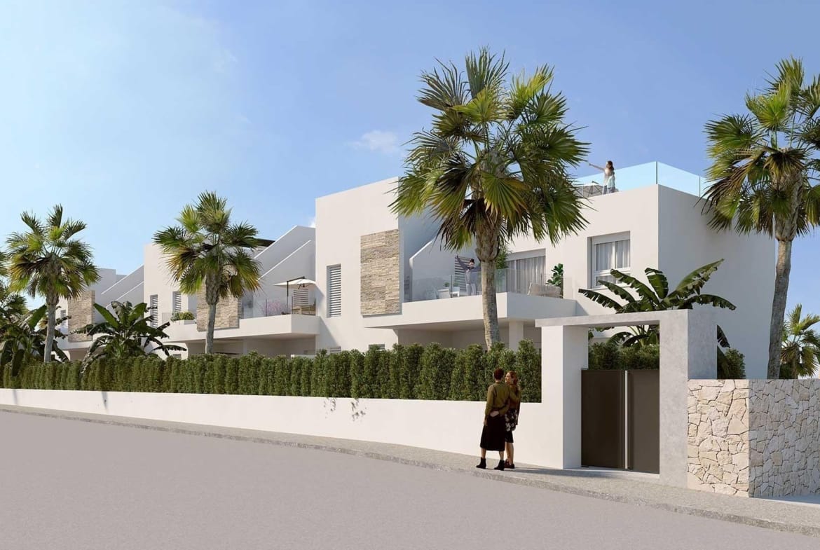 Street view of the apartment development and landscaping render in La Finca Golf, Algorfa, Alicante