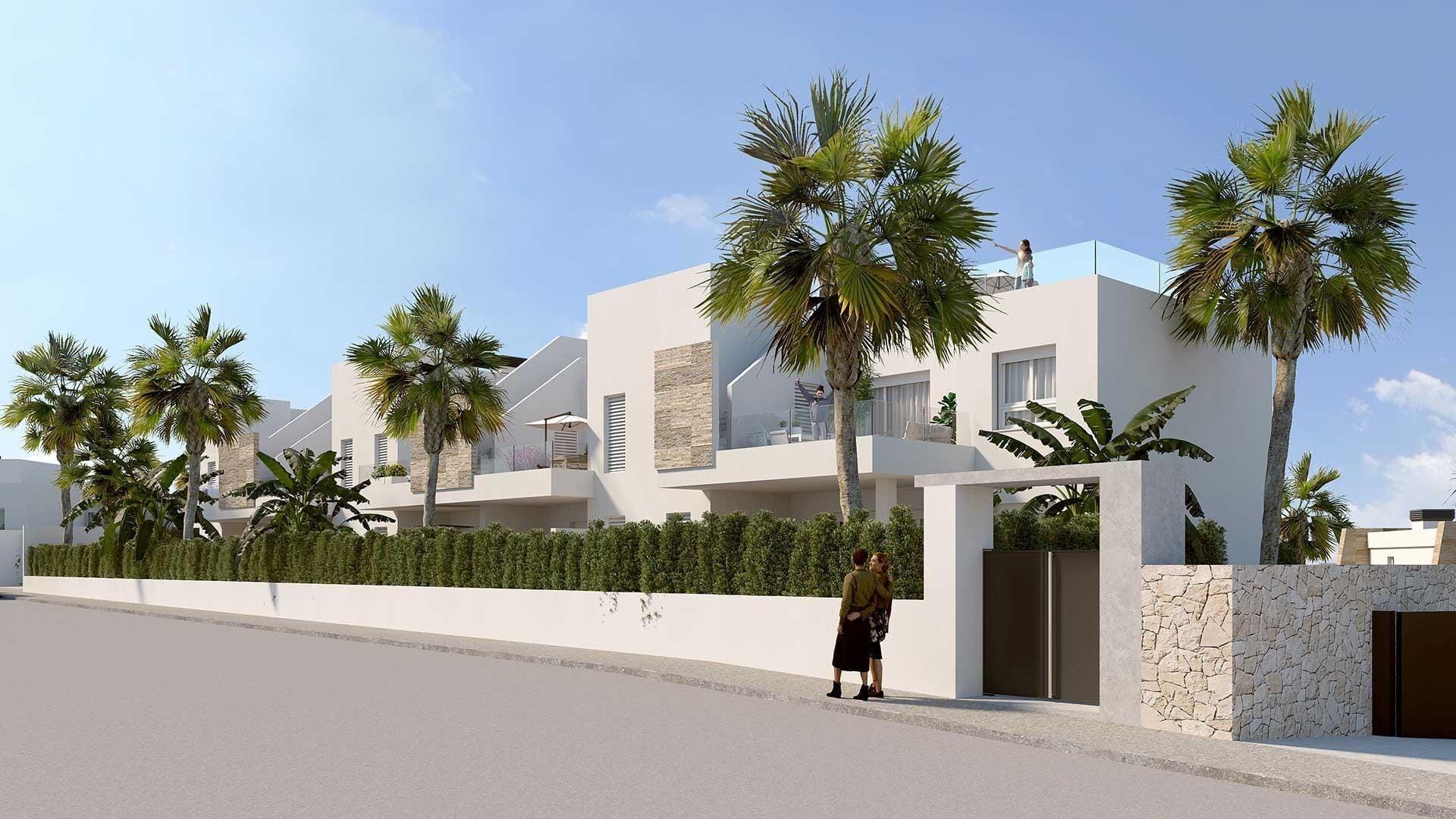 New-Bungalows-in-La-Finca-Golf-Algorfa-Luxury-and-Nature-at-the-Costa-Blanca-4 Street view of the apartment development and landscaping render in La Finca Golf, Algorfa, Alicante