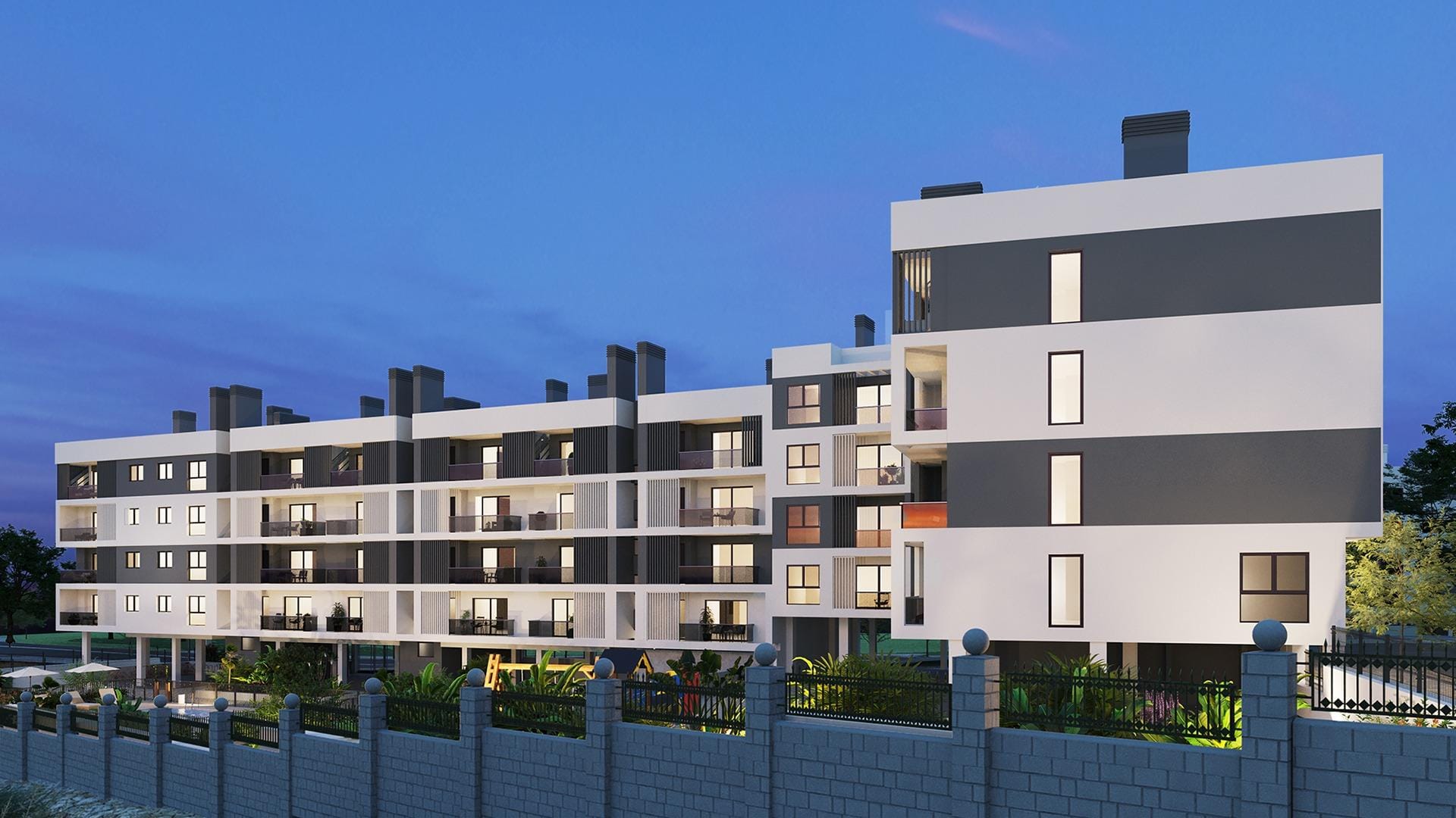 Apartment residence at dusk in San Agustín, Alicante