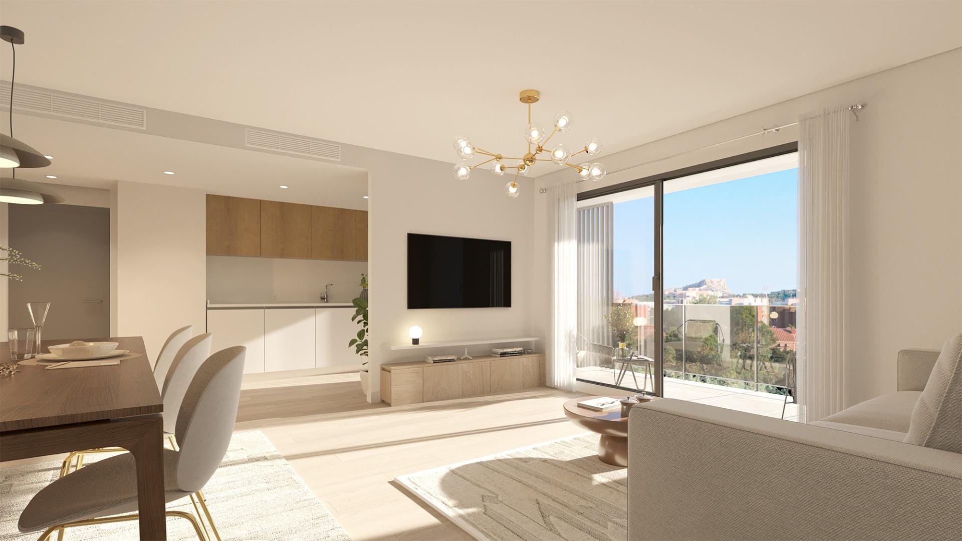 Bright living room and open kitchen in a San Agustín penthouse, Alicante