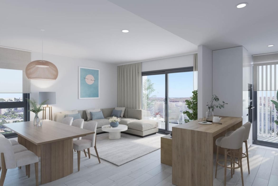 Open-plan lounge and dining area in a San Agustín penthouse, Alicante