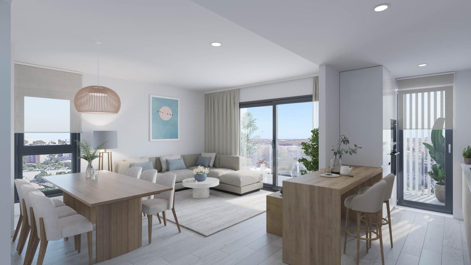Open-plan lounge and dining area in a San Agustín penthouse, Alicante